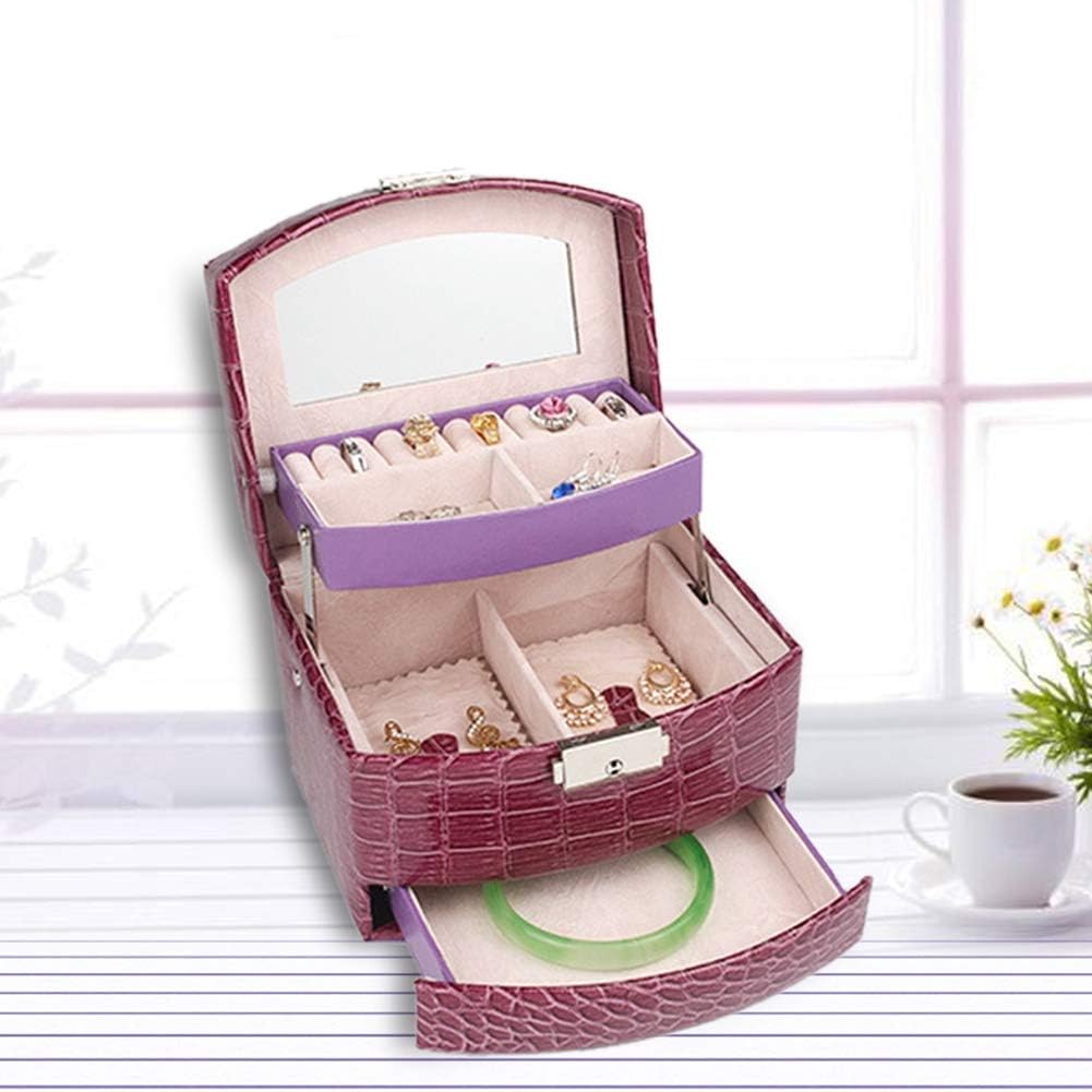 Portable Jewelry Box Organizer, Multi Layer Storage Case for Rings Earrings Necklaces, Purple PU Leather Jewelry Organizer with Mirror, 3 Drawers Travel Jewelry Box for Women Girls