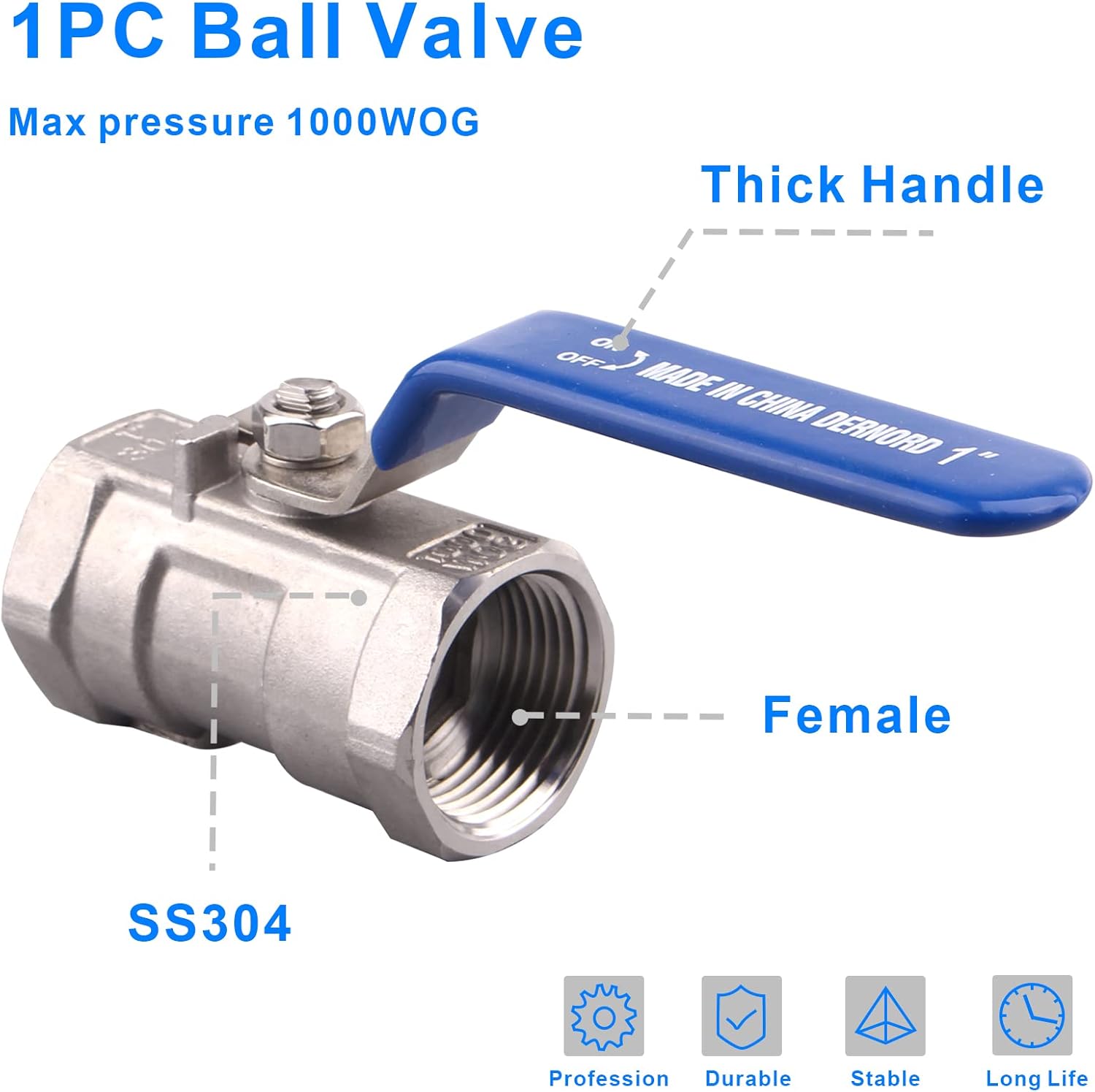 DERNORD Stainless Steel Ball Valve 1PC Type 1 Inch NPT Standard Port for Water, Oil, and Gas (Pack of 2)