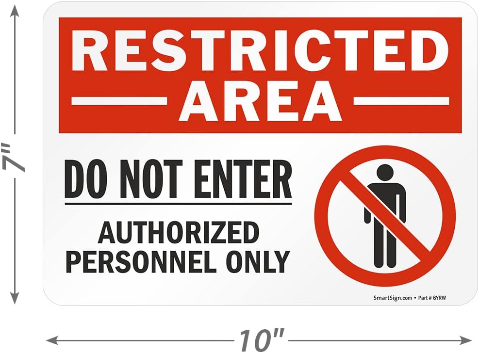 SmartSign 7 x 10 inch “Restricted Area - Do Not Enter, Authorized Personnel Only” Sticker Label with Symbol, 3 mil Laminated Adhesive Polyester, Red, White and Black, Made in USA