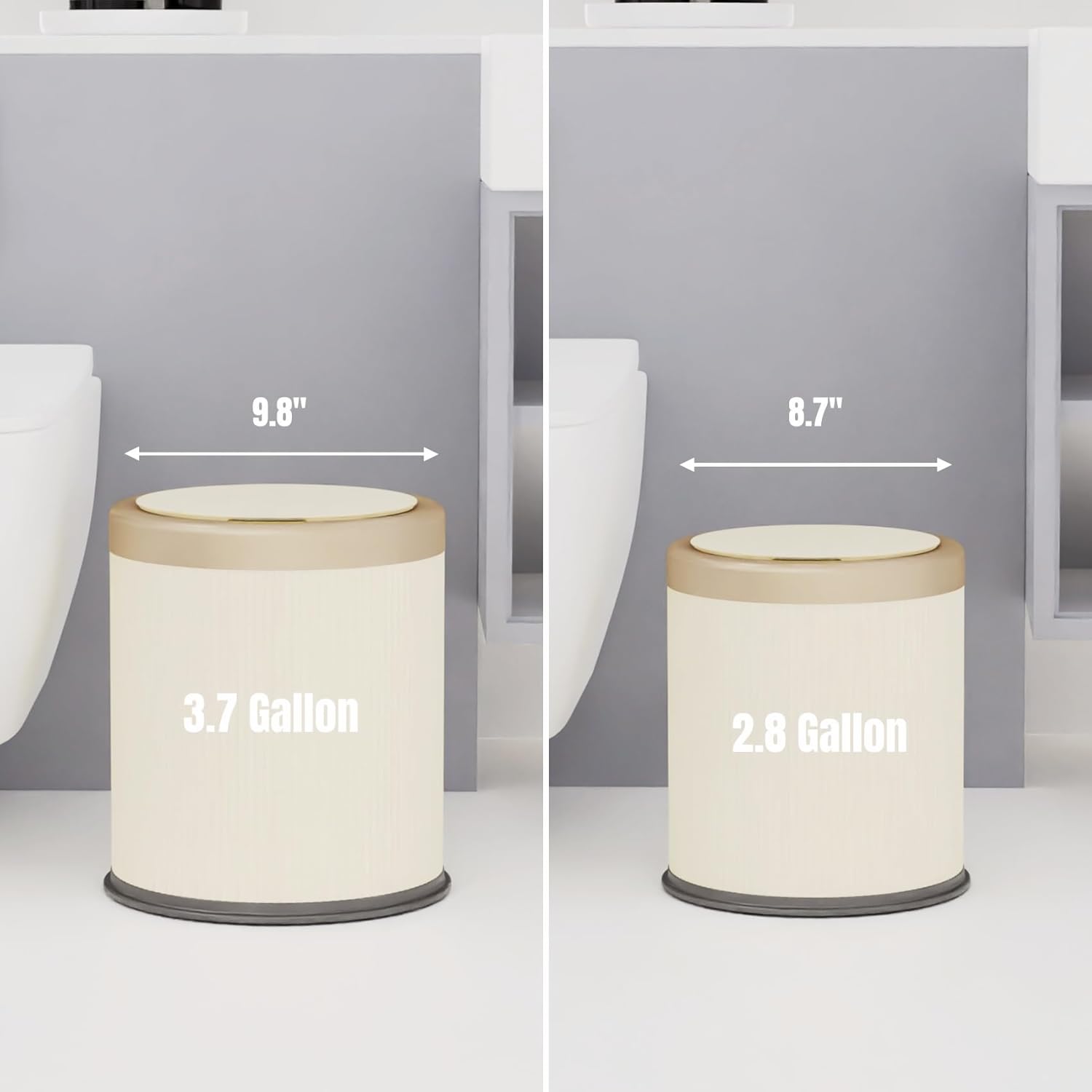 URALFA 2Pack Bathroom Trash Can with Lid, Small Garbage Can Dog Proof, Plastic Waste Basket with Pop-up Lid for Toilet, Office, Bedroom, Living Room, 2.8 Gallon + 3.7 Gallon (Cream White)