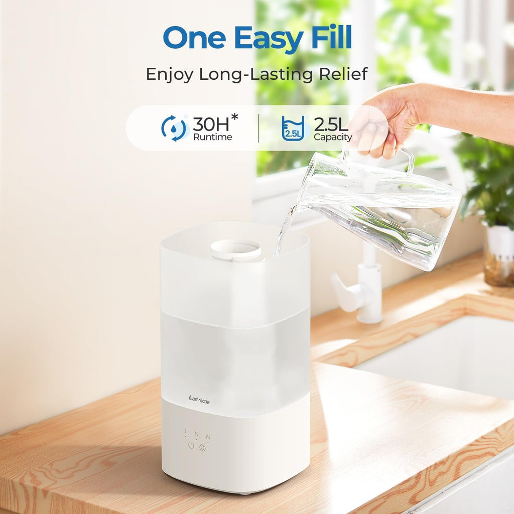 2.5L Humidifiers for Bedroom, Top Fill Cool Mist Humidifiers for Large Room, Easy to Fill & Clean, 30H Runtime, 28dB Quiet Air Humidifier for Plants, Baby Nursery with Night Light