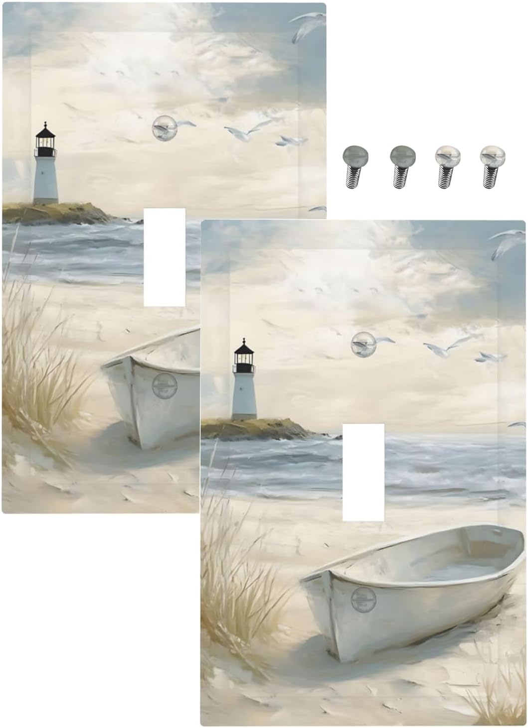 Decorative Light Switch Plate Covers Seascape Painting with Lighthouse Boats 1 Gang Wall Plate Unique Single Toggle Light Switch Covers Artistic Faceplate for Bedroom Decor（2 Pack）