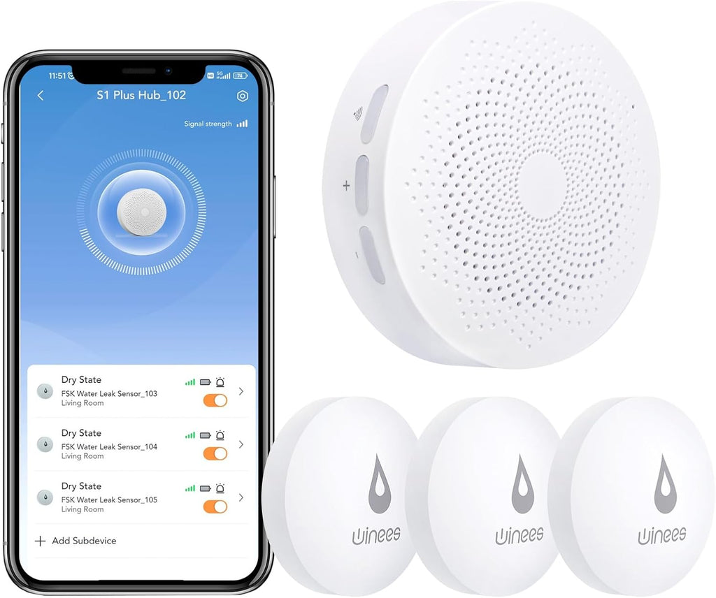Winees WiFi Water Detector, 3 Pack Water Sensors with Leak Alert Email&SMS Notification, 100dB Adjustable Alarm, 100M Transmission for Basement, Bathroom, Laundry, IFTTT