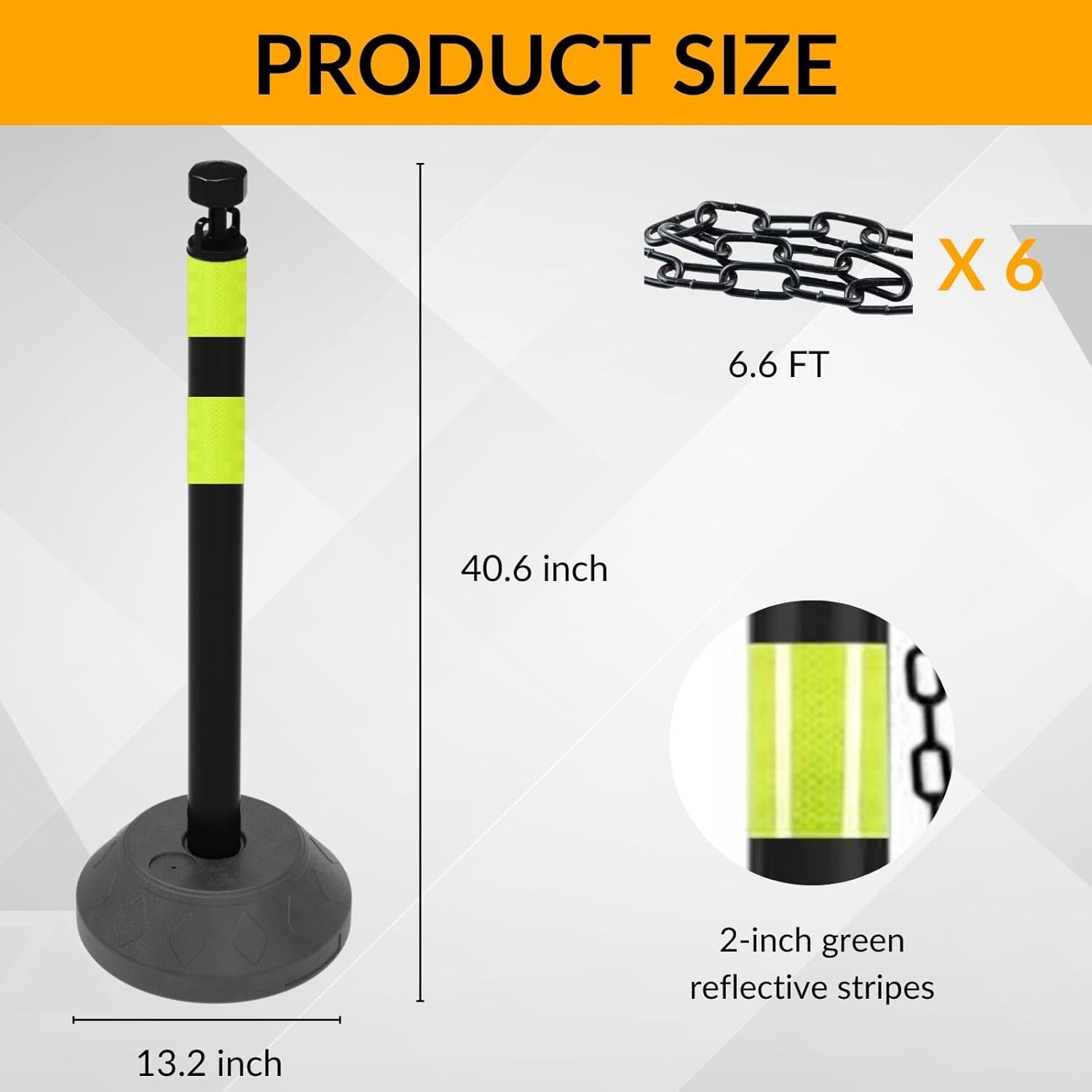 6 Pack 40 Inch Traffic Delineator Posts with Fillable Base and 6.6FT Plastic Chain, Safety Delineator Post Cones with 2 Green Reflective Stripes for Construction Work (Black)