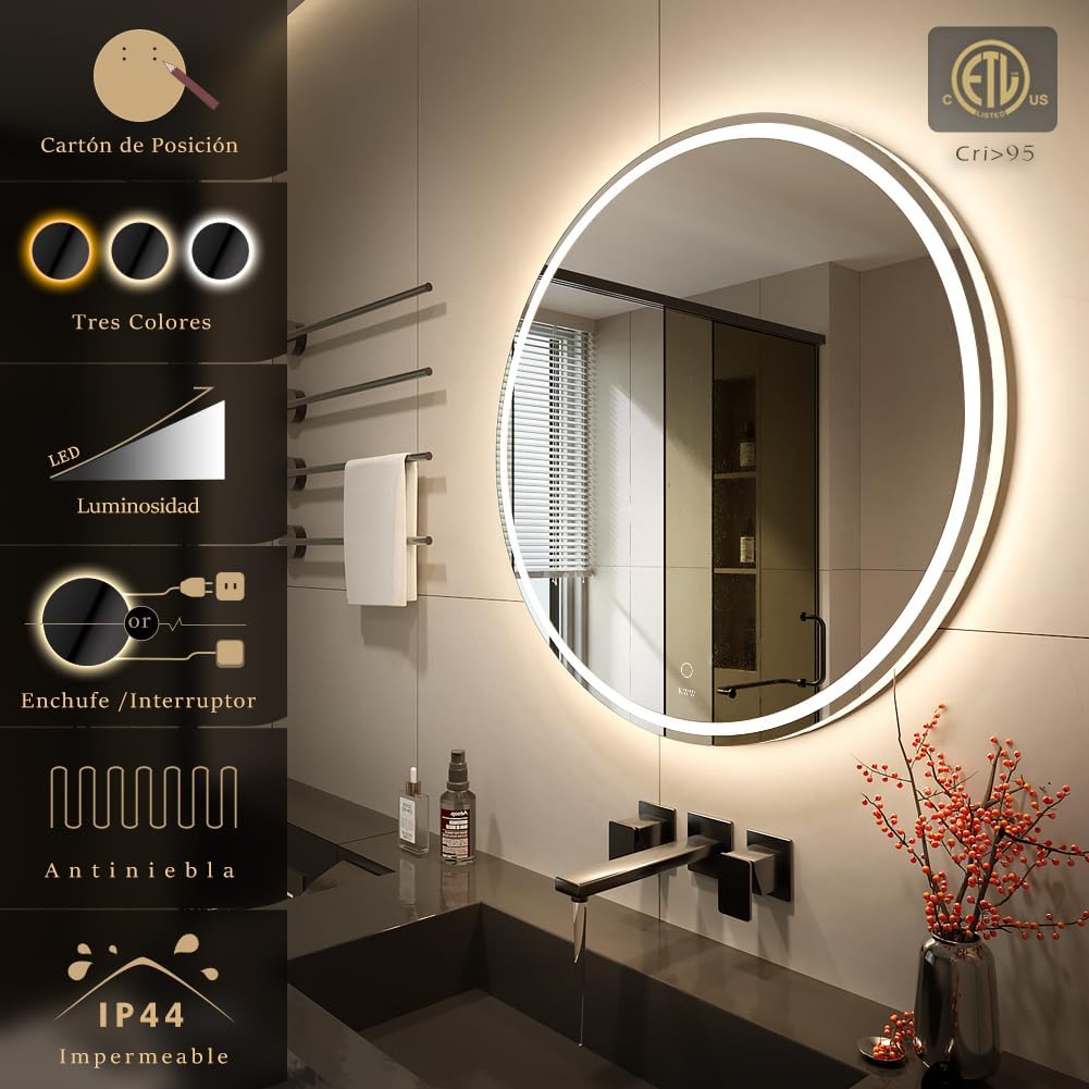 KWW 28 Inch Large Modern LED Round Bathroom Vanity Mirror, Color Temperature Adjustable, Anti-Fog Dimmable Lights, Easy to Install, Wall Mounted Makeup Mirror with Smart Touch Button