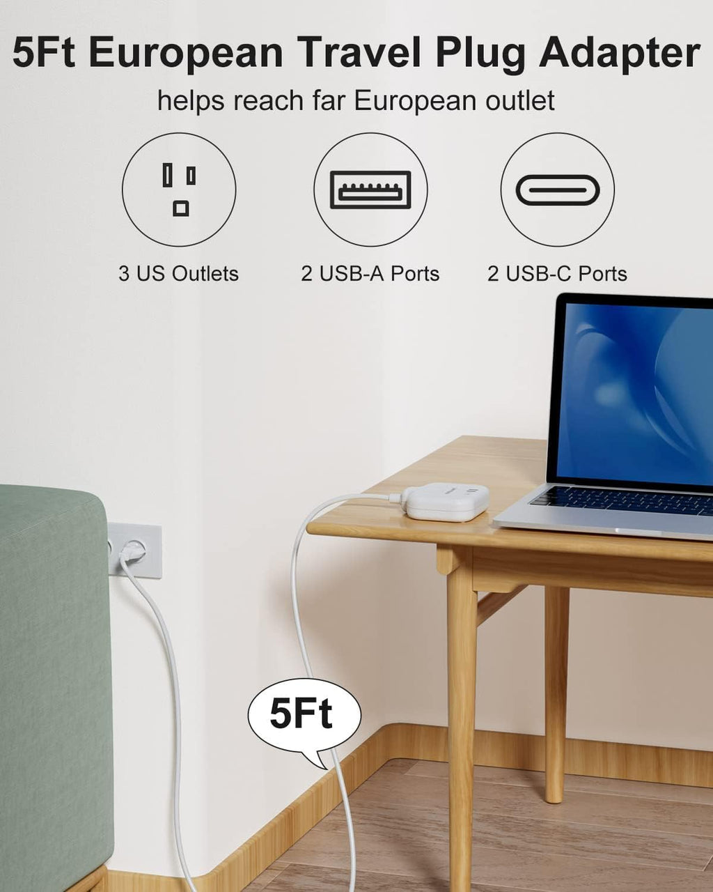 European Travel Plug Adapter, US to Europe Plug Adapter with 3 Outlets & 4 USB(2 USB-C), 5ft European Power Cord, International Power Strip, Type C for Europe EU Germany France, Travel, White