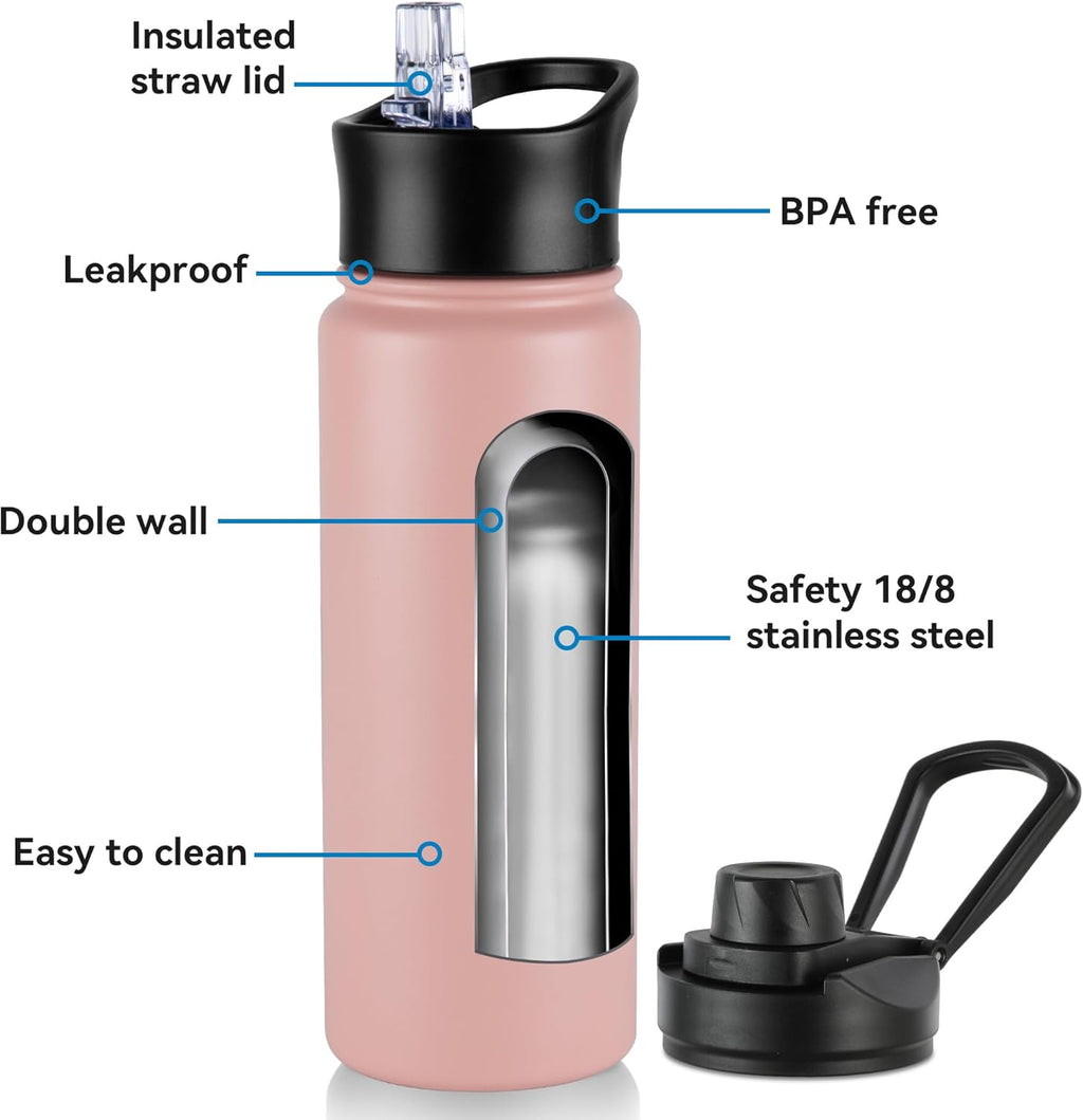 VEGOND 40 oz Insulated Water Bottle Bulk Stainless Steel Metal Water Bottles with Leak Proof Straw Lid & Spout Lid, Wide Mouth Double Walled Vacuum Travel Sports Bottle, 4 Pack
