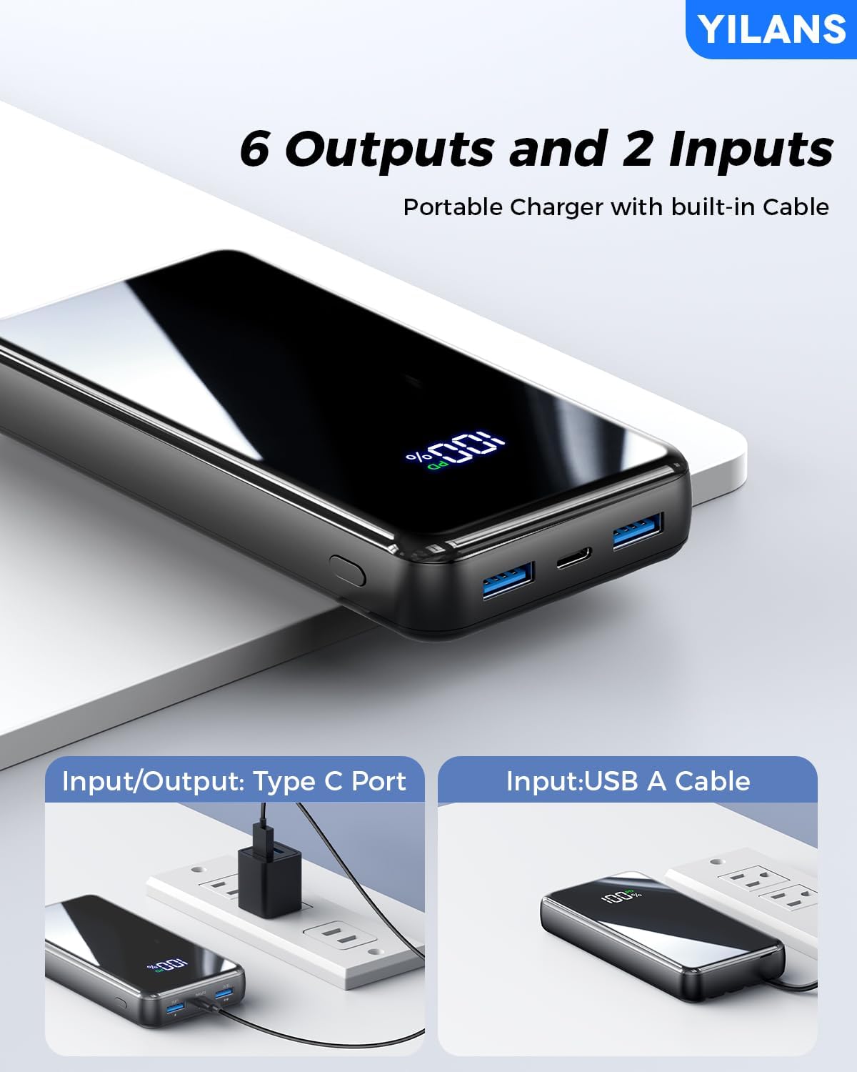 Portable Charger,50000mAh Power Bank Built-in Cable, 22.5W USB C In & Out Fast Charging, External Battery Pack with 6 Output & 2 Input, Travel Phone Charger for iPhone 17/16/15/14/13/12, Android