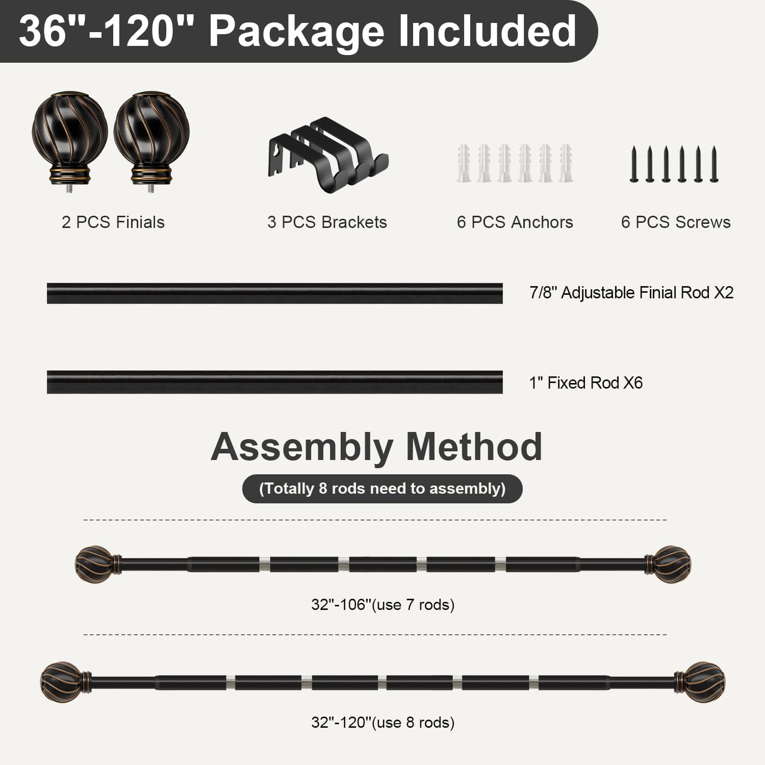Black Curtain Rods for Windows 66 to 120 Inch 7/8" Diamete Heavy Duty Adjustable Window Curtain Rod with Decorative Finials for Farmhouse Bedroom Living Room Kitchen Outdoor
