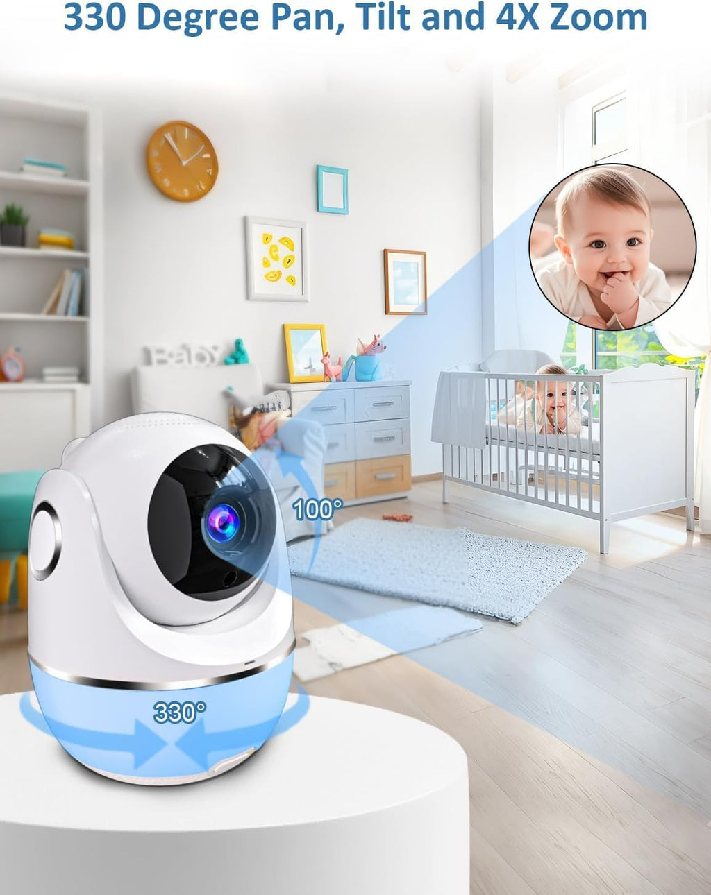 1080P No WiFi Baby Monitor with Camera and Audio, 5'' Screen 32-Hour 5000mAh Battery, 4X Zoom, Night Vision, 2-Way Talk, 8 Lullabies, 1200ft Long Range