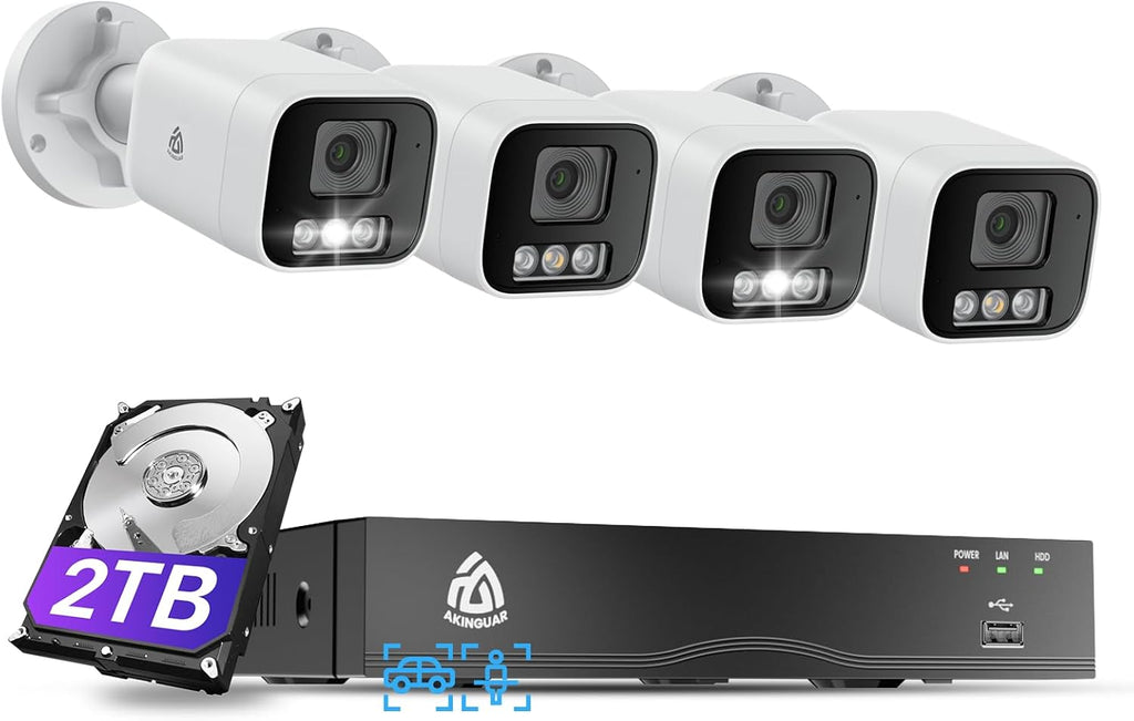 Smart 4K 8CH Home Security Camera System, 4pcs Wired PoE IP Cameras Outdoor with Person/Vehicle Detection, 8MP/4K 8CH NVR with 2TB HDD for 24-7 Recording, Full Color Night Vision, 2-Way Talk