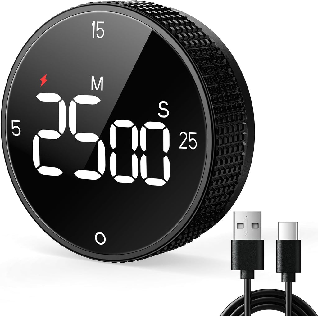 USB Rechargeable Magnetic Kitchen Timer for Cooking, Building 800mAh Battery Large Display Digital Countdown Countup Timer, 3 Preset 5/15/25 Mins Loud Alarm for Baking Grilling Studying
