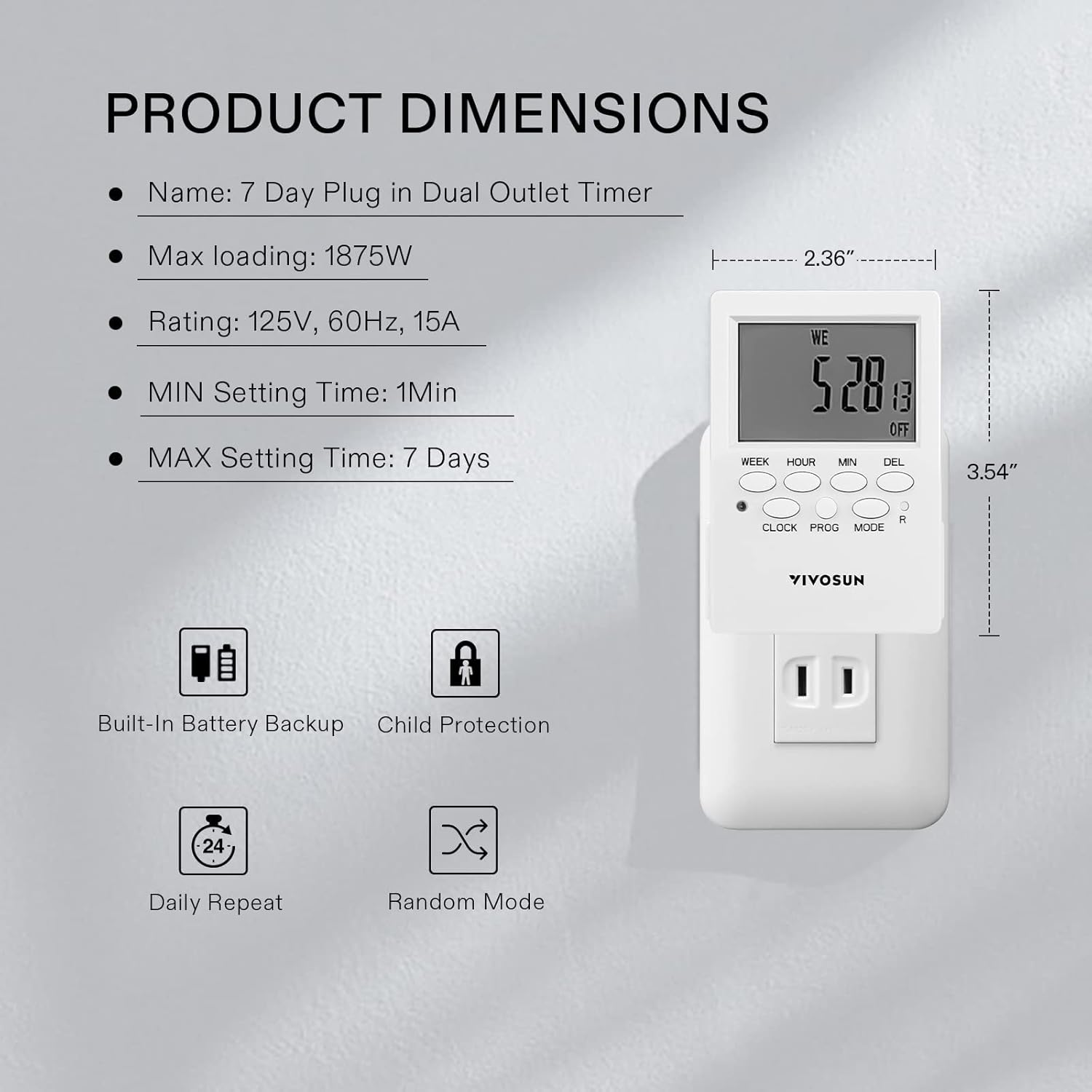 VIVOSUN 7 Day Programmable Digital Timer with Dual Outlet, 20 On/Off UL Listed Heavy Duty Plug-in Outlet Timer with Countdown Setting, Indoor for Lamp, Fan, Heater, Humidifiers, Aquarium (2 Pack)