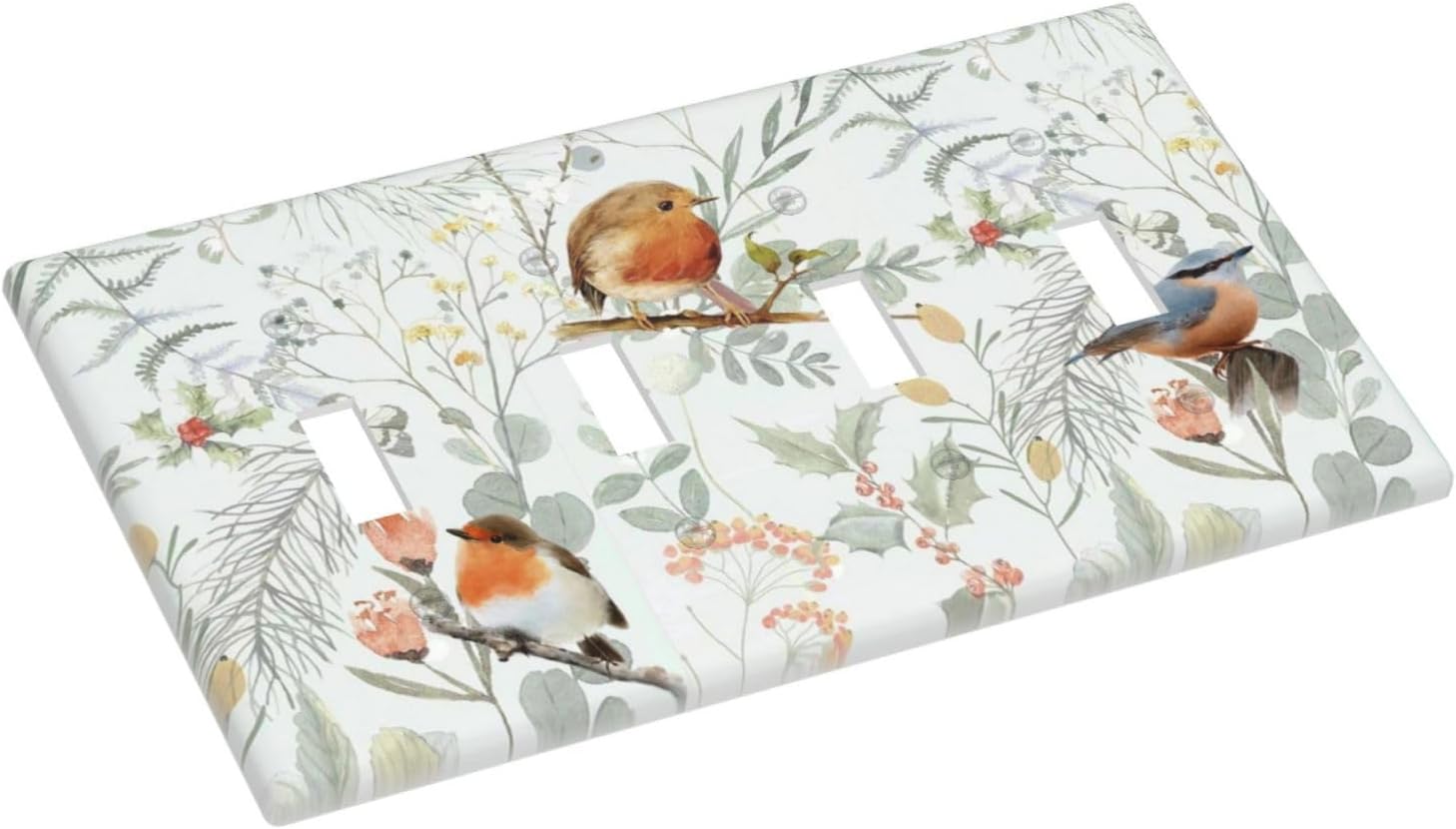 Light Switch Covers Red Floral Berries Colorful Bird Plant Quad Toggle Electrical Faceplate 4 Gang Wall Plate Decorative Switch Plates For Bed Room Living Room Decor