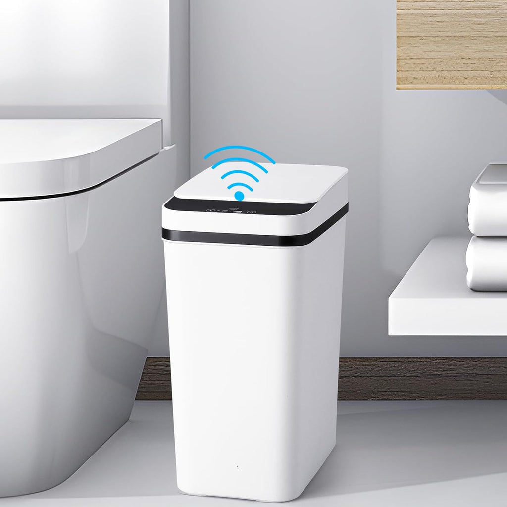 Bathroom Trash Cans with Lid Touchless Automatic Motion Sensor 4 Gallon Small Garbage Can, Smart Electric Plastic Narrow Garbage Bin for Living Room Bedroom Office Kitchen (White)