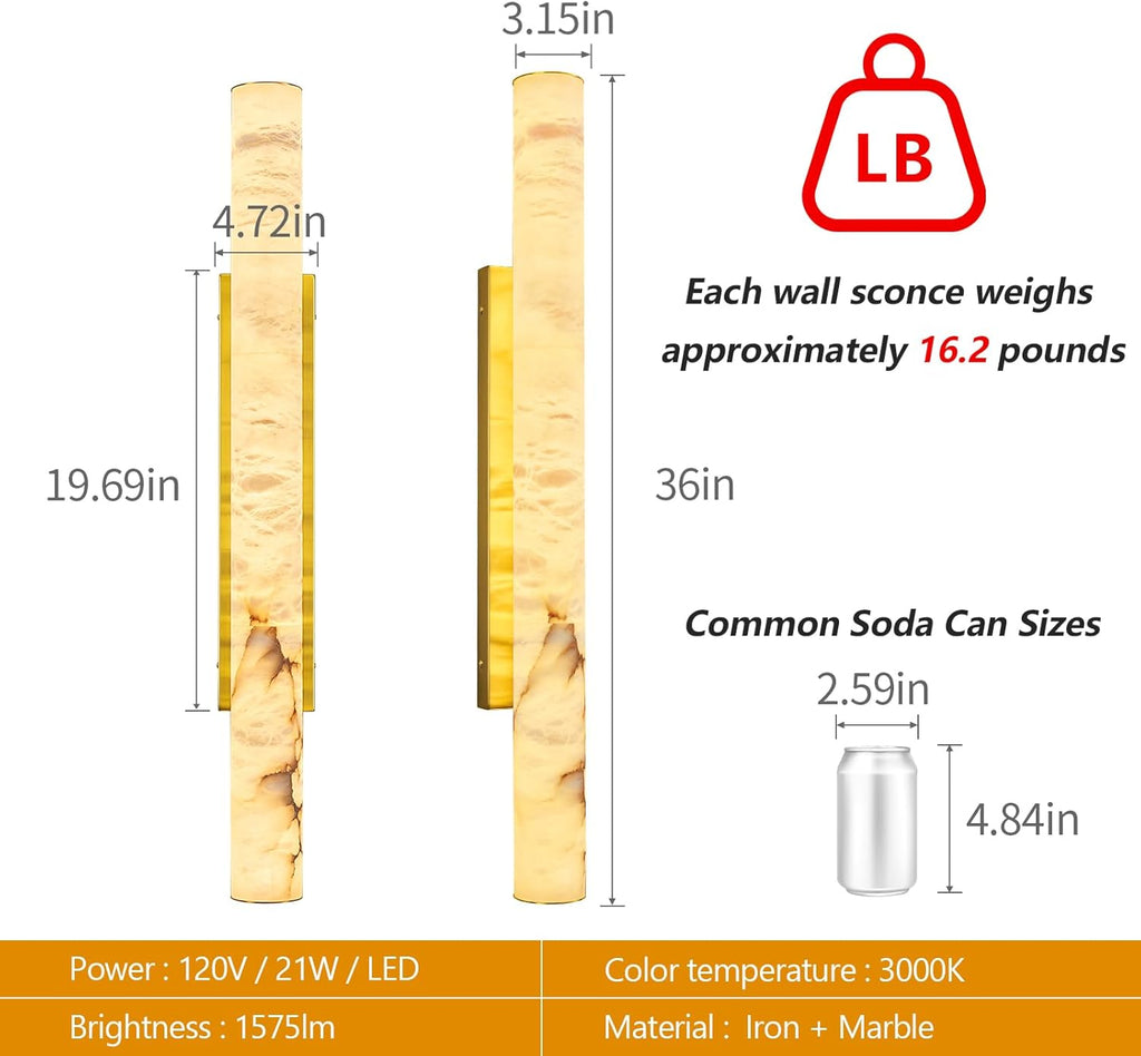 LMQNINE Natural Alabaster Wall Sconces Set of Two Spanish Marble Wall Light Cylinder Modern Gold LED Sconce for Living Room Bedroom Bathroo Stairs（L-2Pack）