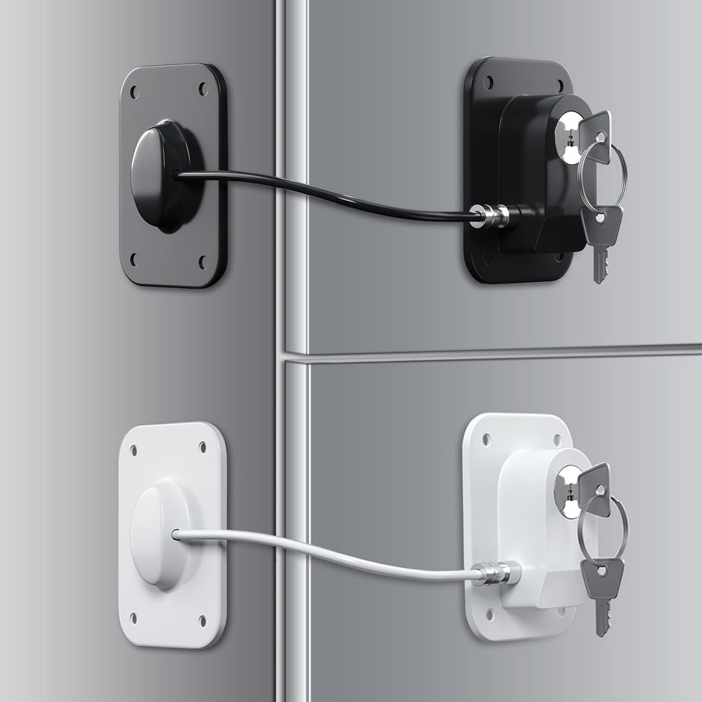 Refrigerator Lock 2 Packs, Baby Proofing Fridge Locks with Silicone Wire Protection & Key - Easy Install Surface-Friendly for Freezer & Refrigerator, Black & White