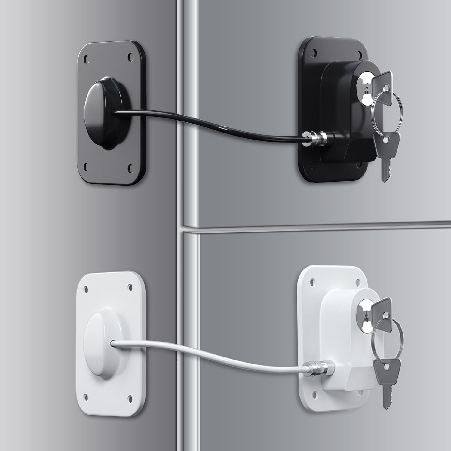 Refrigerator Lock 2 Packs, Baby Proofing Fridge Locks with Silicone Wire Protection & Key - Easy Install Surface-Friendly for Freezer & Refrigerator, Black & White