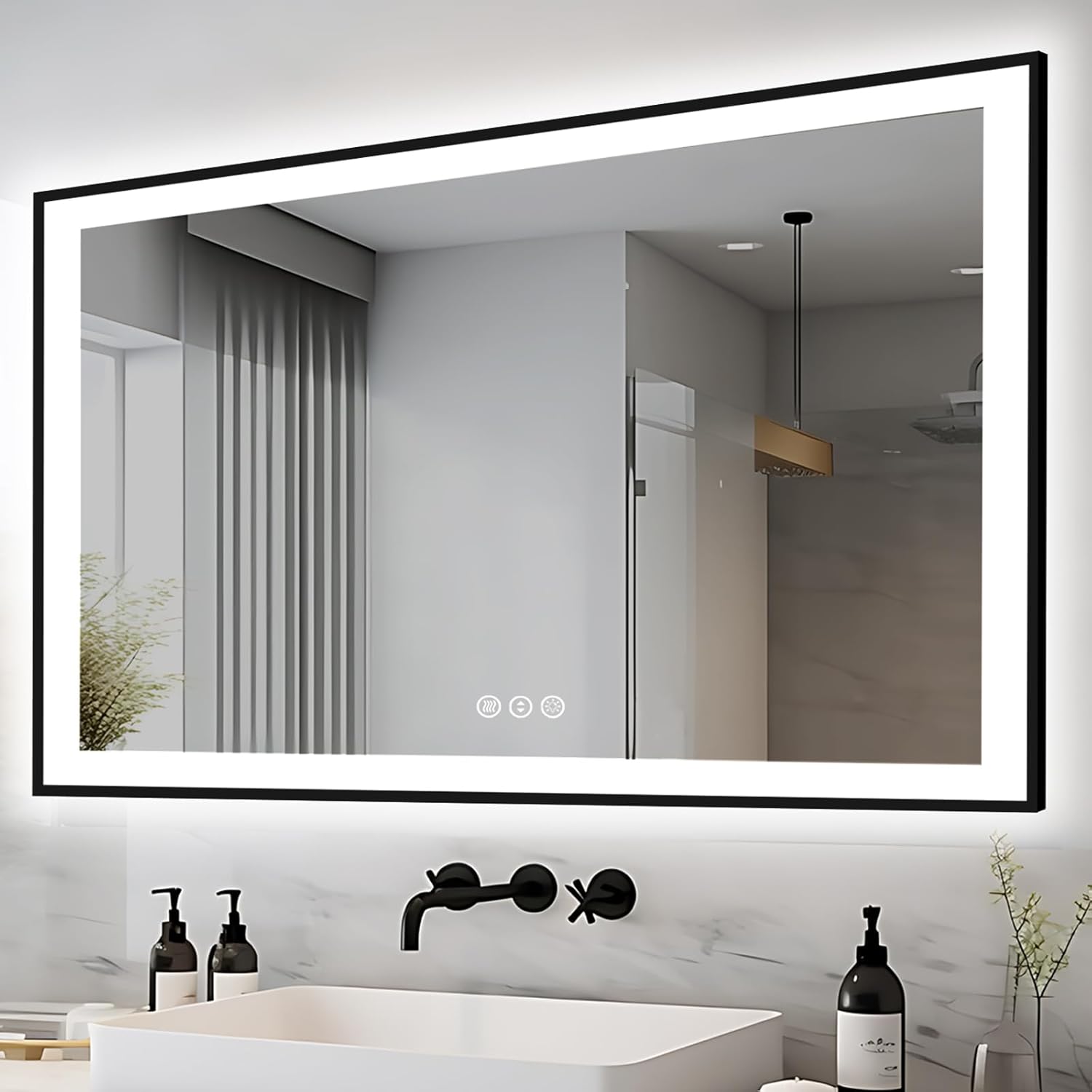 51x32 LED Lit Bathroom Mirror - Black Framed, Front and Backlit LED Lighted, Anti-Fog Bathroom Mirror with Lights, 3 Colors Stepless Dimmable Mirror, Touch Sense (Horizontal/Vertical)