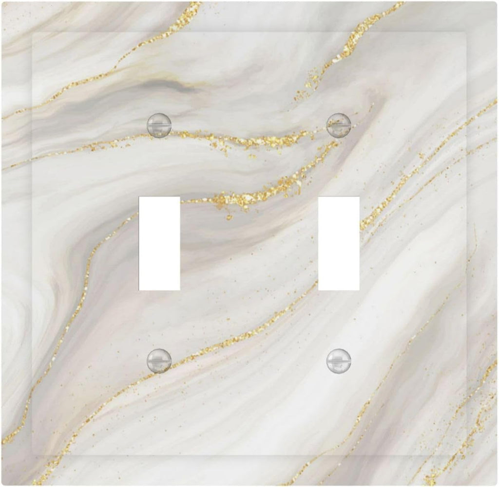 White Grey Gold Marble Simple Tiles Decorative Switch Plates 2 Gang Double Toggle Outlet Light Switch Cover Wall Plate Electrical Faceplate for Bathroom Kitchen Decor