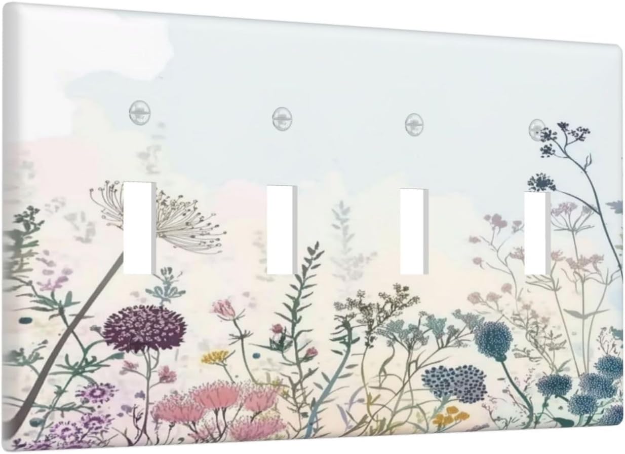 Colorful Wildflower Watercolor Dandelion Floral Light Switch Covers Quad Toggle Electrical Faceplate 4 Gang Wall Plate Decorative Switch Plates For Cabin Home Decor