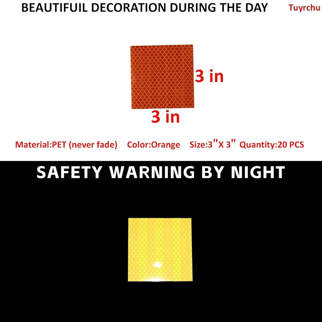 Non Fading Orange Reflective Stickers 3 inch X 3 inch, Outdoor Waterproof High Visibility Warning Safety Adhesive Reflector Tape (20 Pcs)