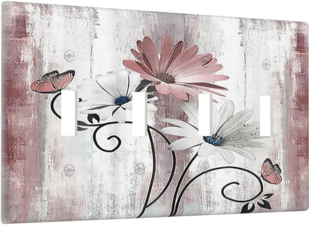Light Switch Covers Pink White Daisy Butterfly Wood Grain Quad Toggle Electrical Faceplate 4 Gang Wall Plate Decorative Switch Plates for Farmhouse Bathroom Decor