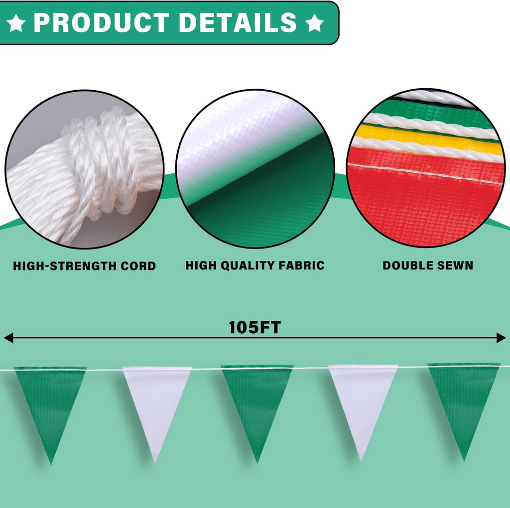 105ft Green and White Pennant Banner Flag, 7"x10" Fluorescent Safety Flagging Banner Warning Flag for Construction Site/Boundary Barrier Signs, Perimeter Marking Flags on String, 45 Flags