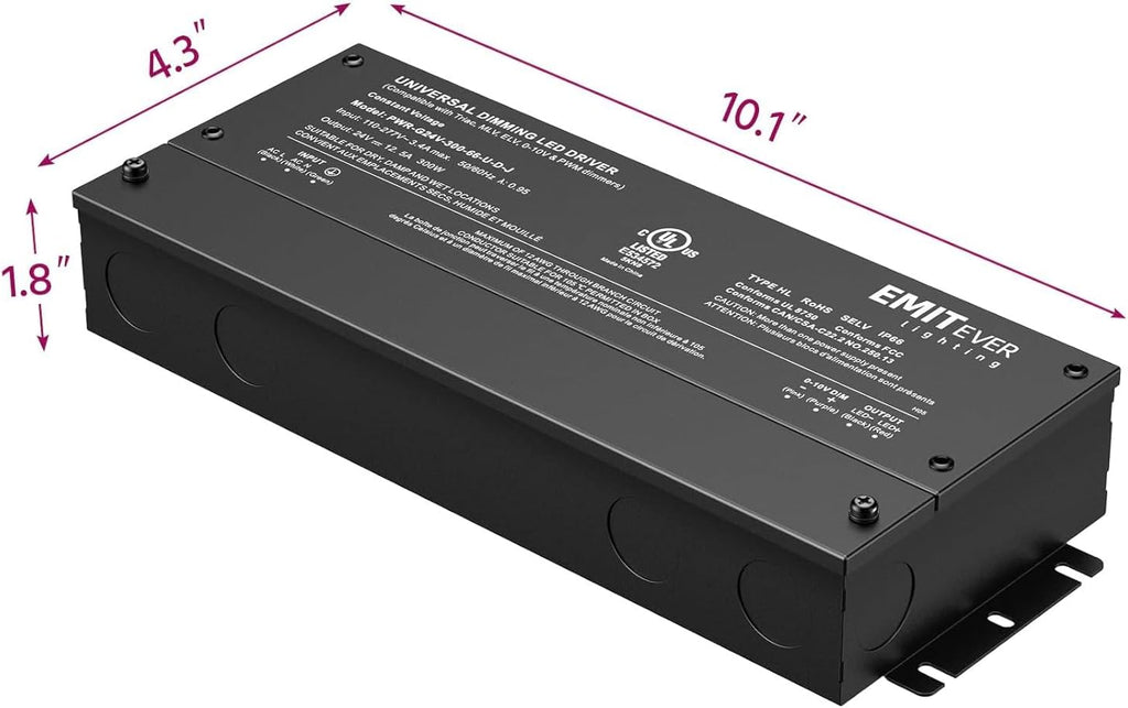 EMITEVER Dimmable Led Driver, 2 Packs 300W AC 110V-277V to DC 24V Transformer, 5-in-1 Dimming: ELV/MLV/TRIAC / 0-10V / 1-10V / 10V PWM/Potentiometer, Waterproof IP67 and UL Listed