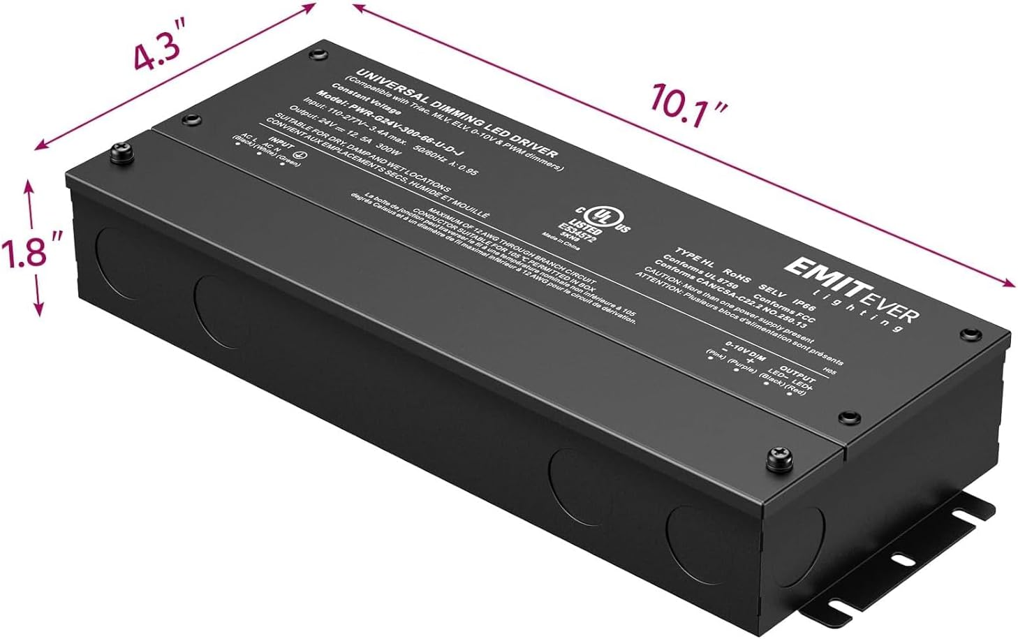 EMITEVER Dimmable Led Driver, 2 Packs 300W AC 110V-277V to DC 24V Transformer, 5-in-1 Dimming: ELV/MLV/TRIAC / 0-10V / 1-10V / 10V PWM/Potentiometer, Waterproof IP67 and UL Listed