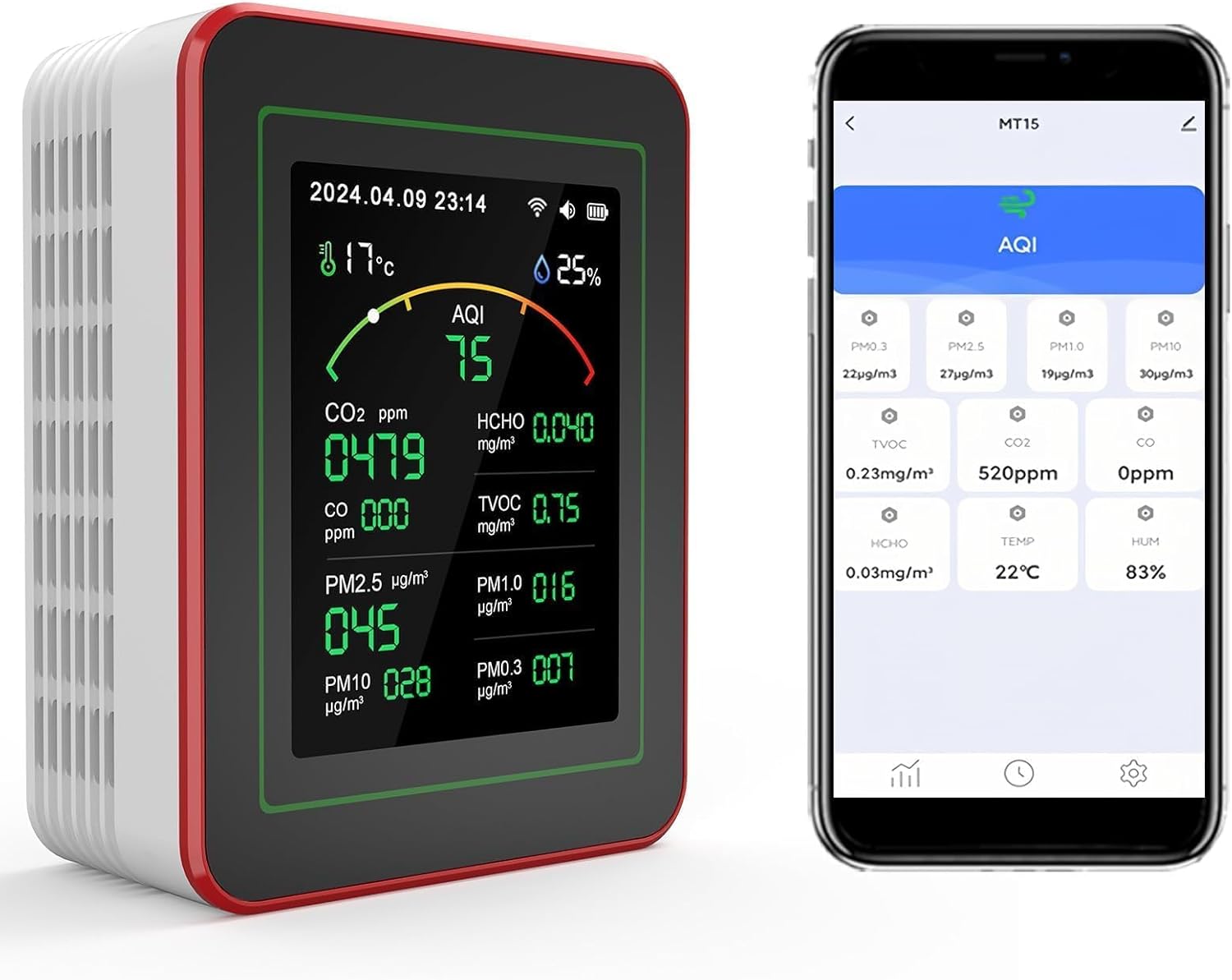 Professional 15-in-1 Air Quality Monitor with Smartphone APP - Dual Chip - Sensors Detect CO2, PM2.5/PM10, HCHO, TVOC | Real-Time Alerts & Custom Thresholds | for Home, Car, Office, Plants, Pets