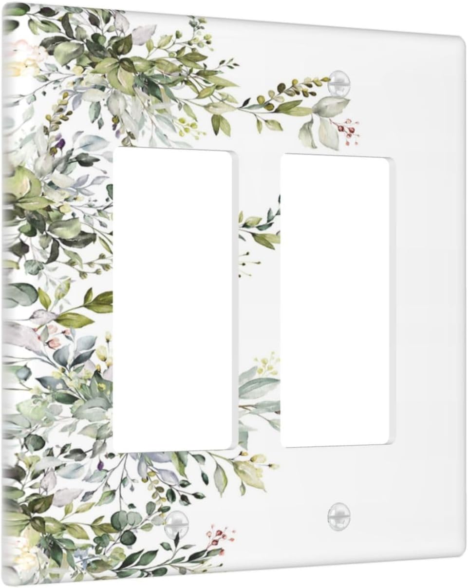 Decorative Outlet Covers Rustic Eucalyptus Leaves Green Leaf 2 Gang Light Switch Cover Plate Double Rocker Wall Plate Switch Plate Covers Faceplate for Bedroom Home Decor （2 Pack）