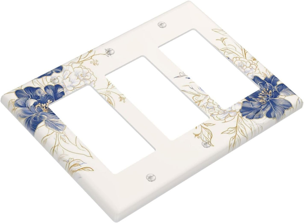 Decorative Outlet Covers Rustic Blue Flower Flaral Gold Leaf 3 Gang Light Switch Cover Plate Triple Rocker Wall Plates for Electrical Outlets Switch Plate Covers for Bedroom Home Decor
