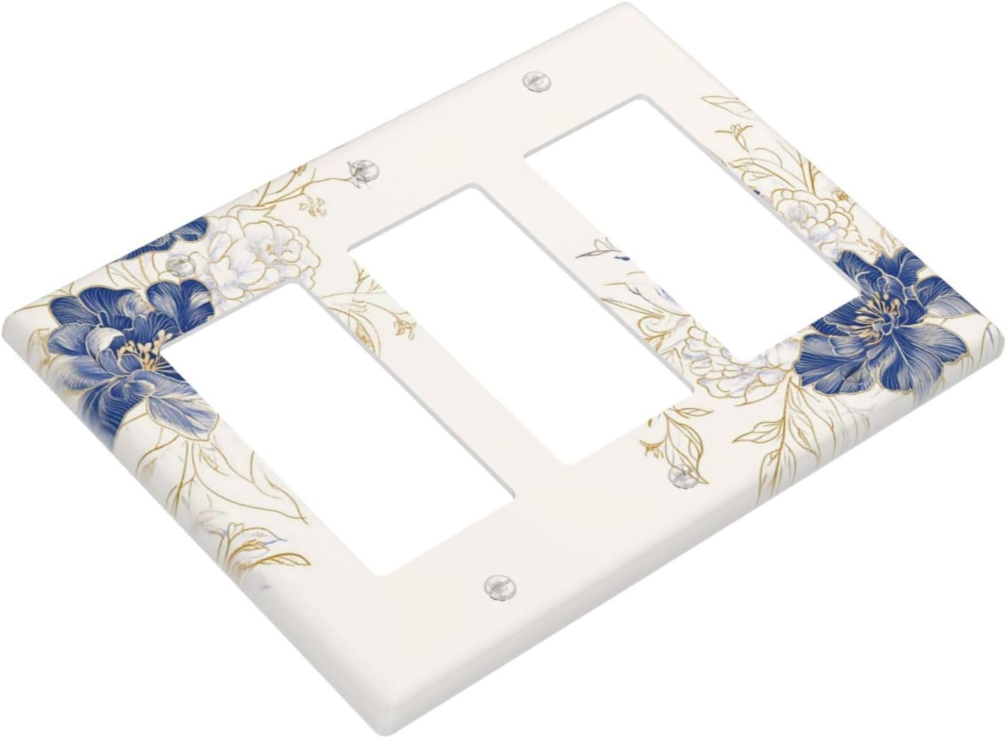 Decorative Outlet Covers Rustic Blue Flower Flaral Gold Leaf 3 Gang Light Switch Cover Plate Triple Rocker Wall Plates for Electrical Outlets Switch Plate Covers for Bedroom Home Decor