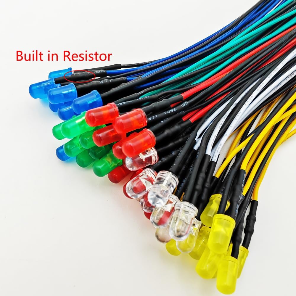 50pcs 5mm Red, Yellow, Green, Blue, White LED Lights, 12VDC Prewired 7.8 Inch V LED Light Diffused Lens