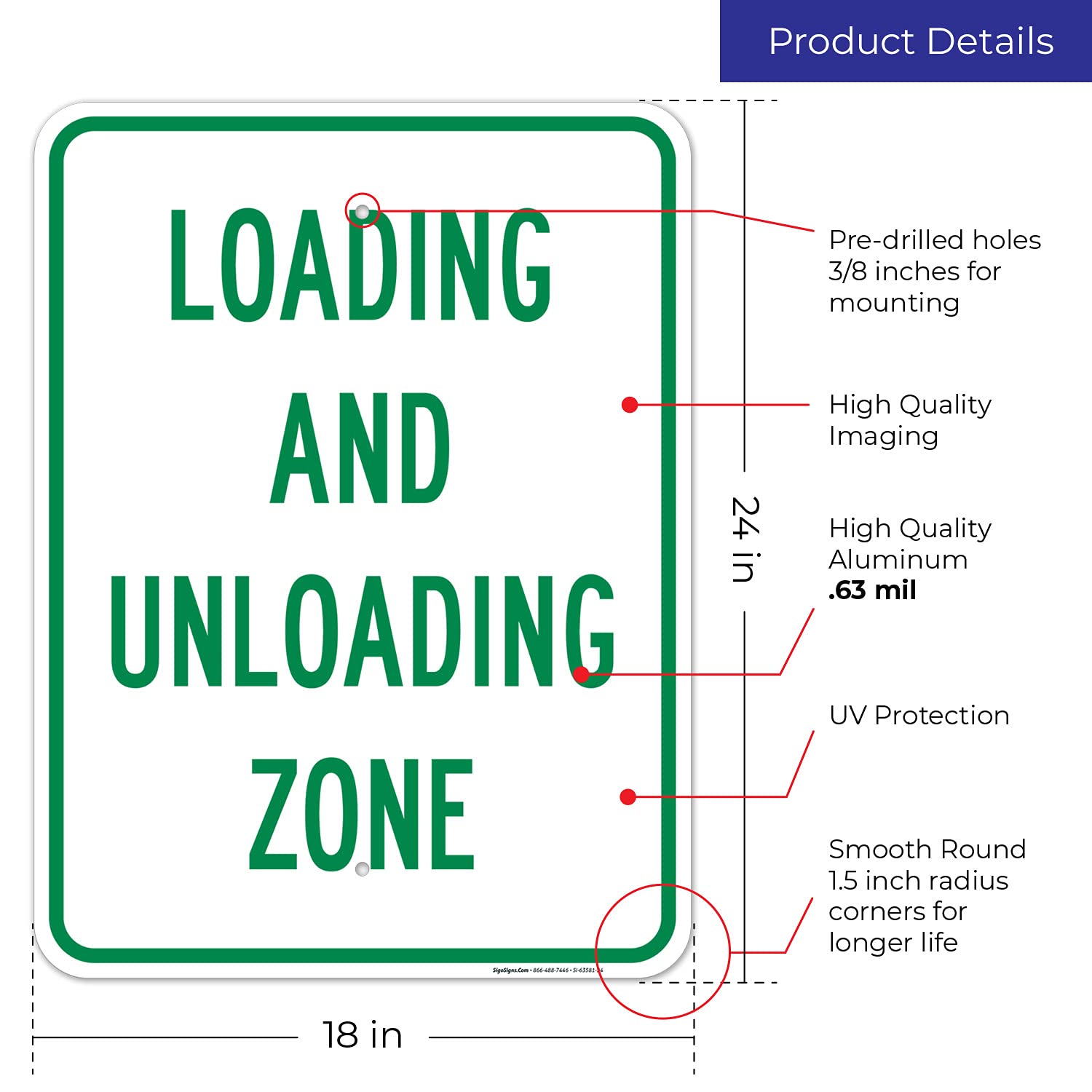 Loading and Unloading Zone Sign, 18x24 Inches, Rust Free .063 Aluminum, Fade Resistant, Made in USA