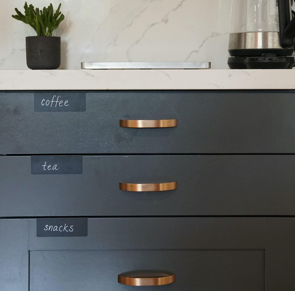 Clip-On Metal Cabinet and Drawer Labels – Reusable Chalkboard Labels for Kitchen, Bathroom, Dresser Drawers. Durable. Polished Edge. No Residue.