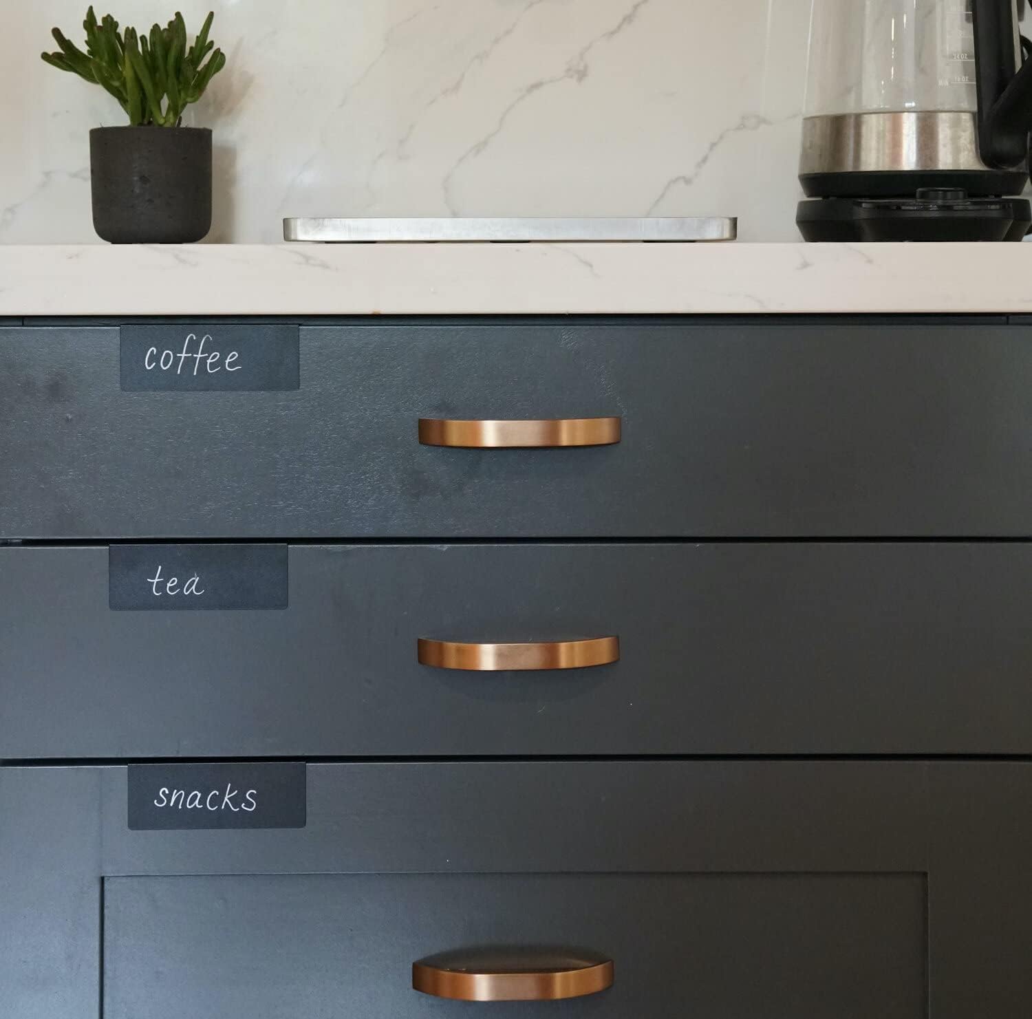 Clip-On Metal Cabinet and Drawer Labels – Reusable Chalkboard Labels for Kitchen, Bathroom, Dresser Drawers. Durable. Polished Edge. No Residue.