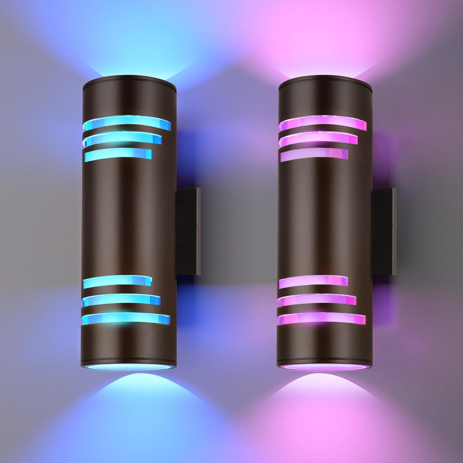 Smart WiFi Outdoor Wall Lights Exterior 2 Pack, Up and Down Porch Lights Ambience Color Changing, Bronze Cylinder RGBCW LED Outdoor Wall Lamp for House Garage Porch, Outside Exterior Lights ETL Listed