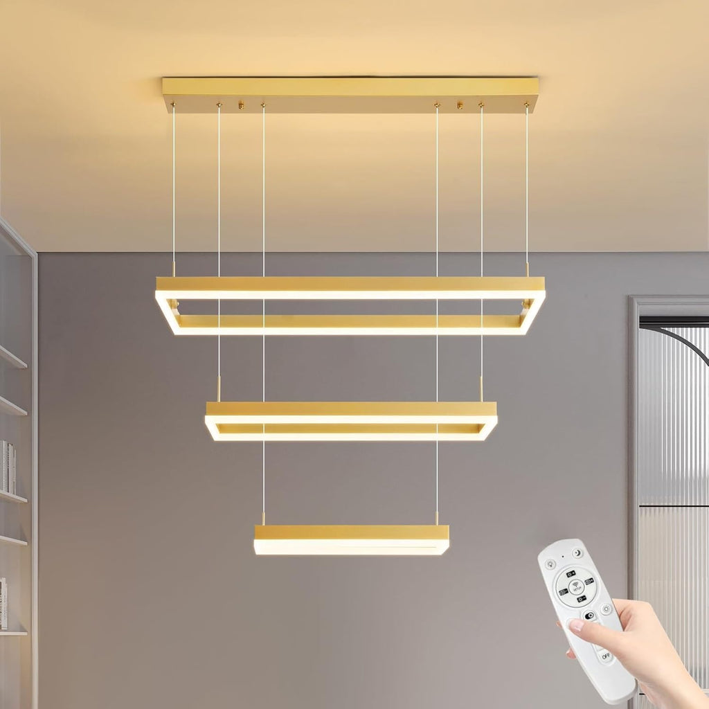 Modern Chandeliers for Living Dining Room, 3-Ring Rectangular LED Chandelier Light Fixture with Remote Control Dimming, Hanging Pendant Light with Adjustable Height, Gold
