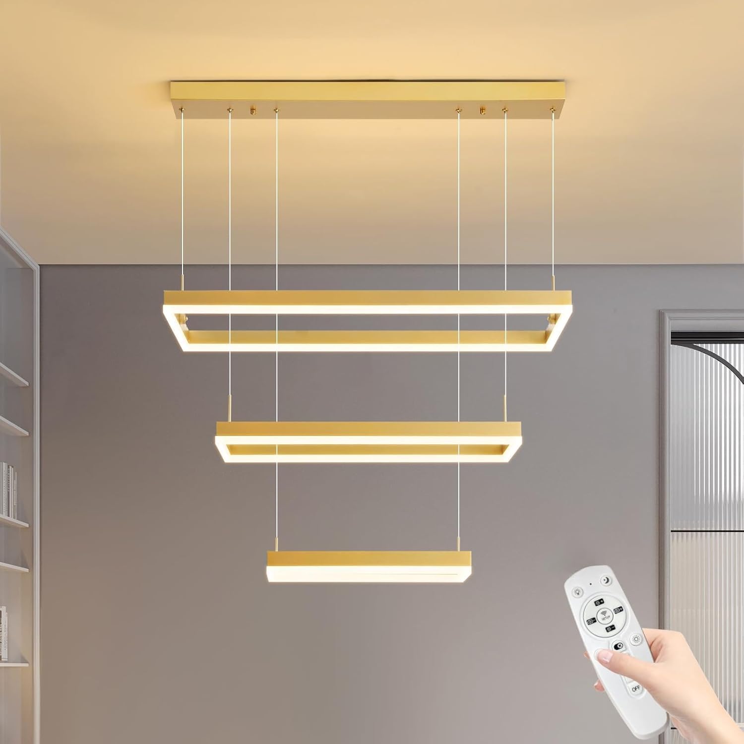 Modern Chandeliers for Living Dining Room, 3-Ring Rectangular LED Chandelier Light Fixture with Remote Control Dimming, Hanging Pendant Light with Adjustable Height, Gold