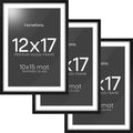 Homeforia 12x17 Picture Frame Black Wood, High End Oak 12x17 Poster Frames with Mat 10x15 Photo, 12 x 17 Wooden Frame Matted to 10 by 15 Print, 17x12 Hanging Frames, Tempered Glass, Wall Kit, Set of 3