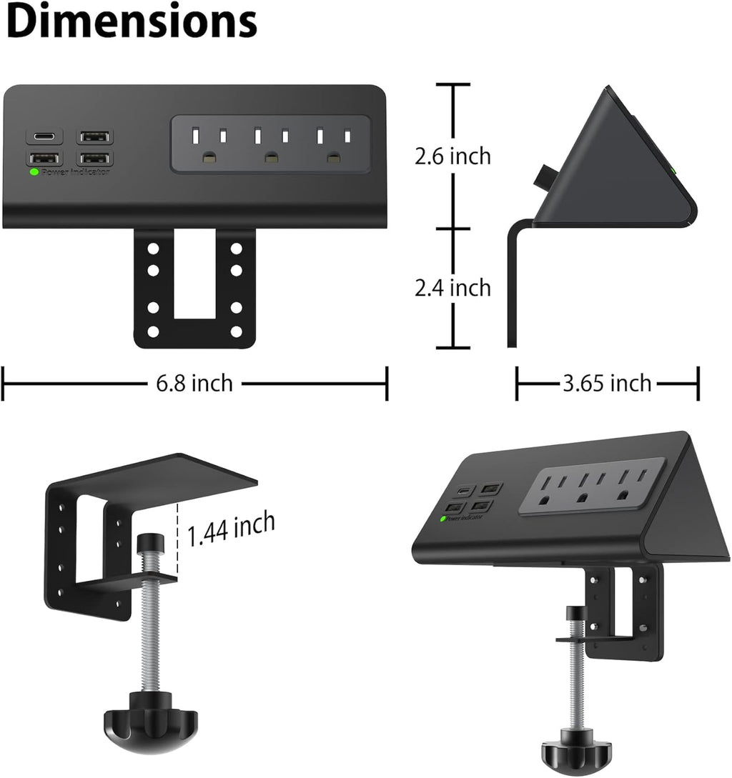 Nightstand Edge Mount Power Strip with USB-C Ports Tabletop Surge Protector Desk Clamp Power Sockets with 3 AC Outlets &4 Fast Charging USB Ports for Home Office Hotel and Dormitory