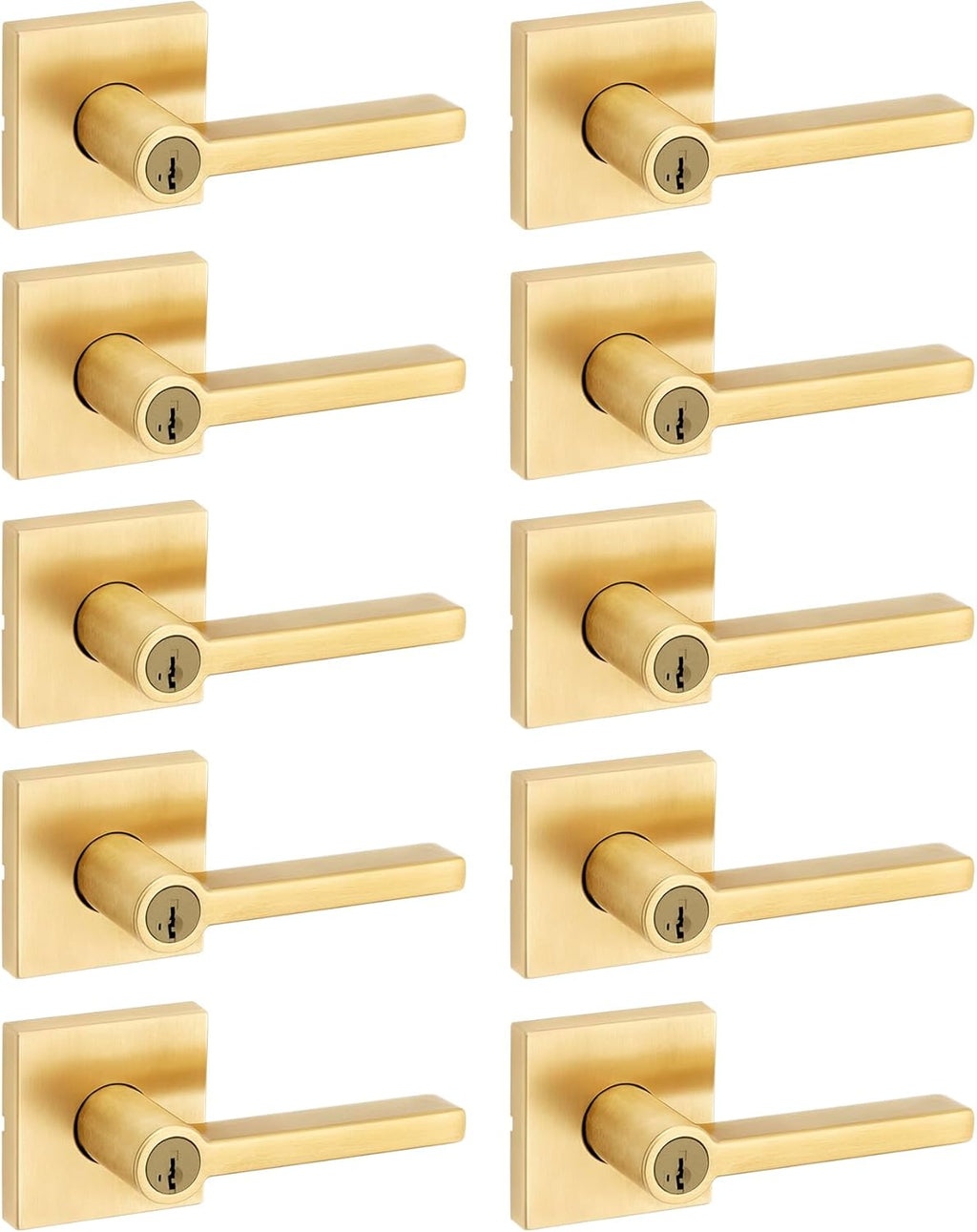 Kwikset Halifax Entry Door Handle with Lock and Key, Secure Keyed Reversible Lever Exterior, for Front Entrance and Bedrooms, Satin Brass, 10 Pack, Pick Resistant SmartKey Rekey Security
