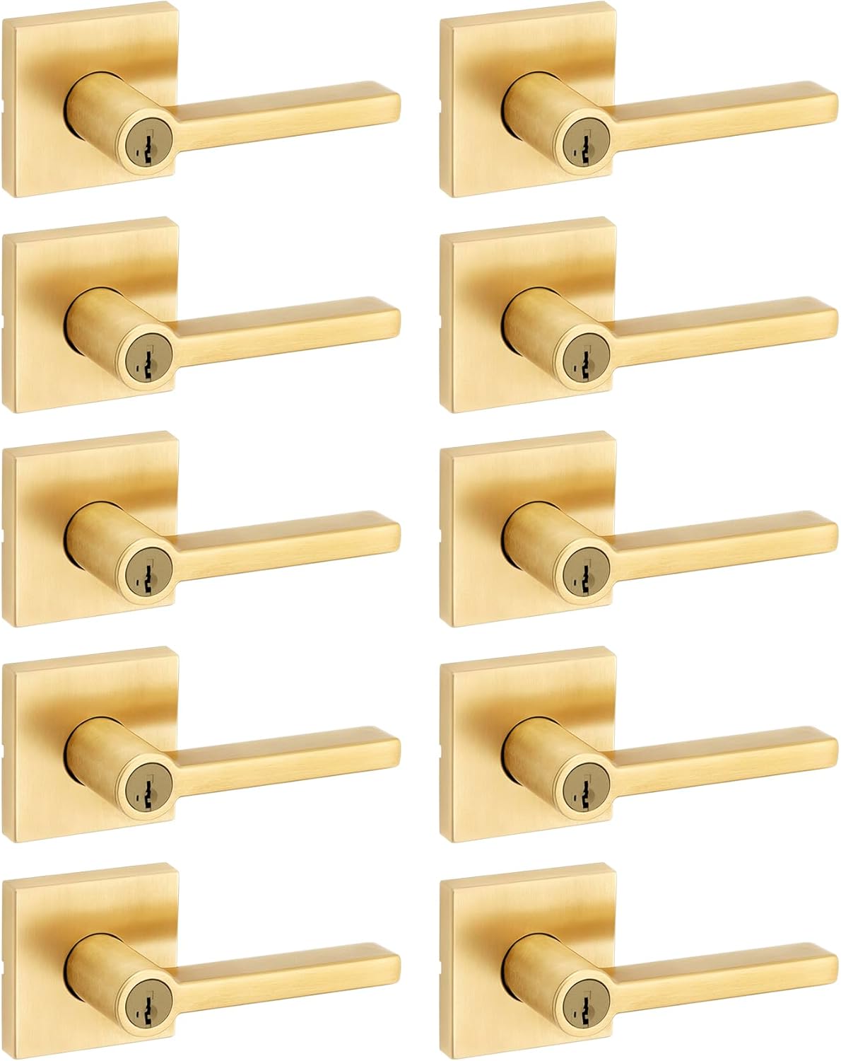 Kwikset Halifax Entry Door Handle with Lock and Key, Secure Keyed Reversible Lever Exterior, for Front Entrance and Bedrooms, Satin Brass, 10 Pack, Pick Resistant SmartKey Rekey Security