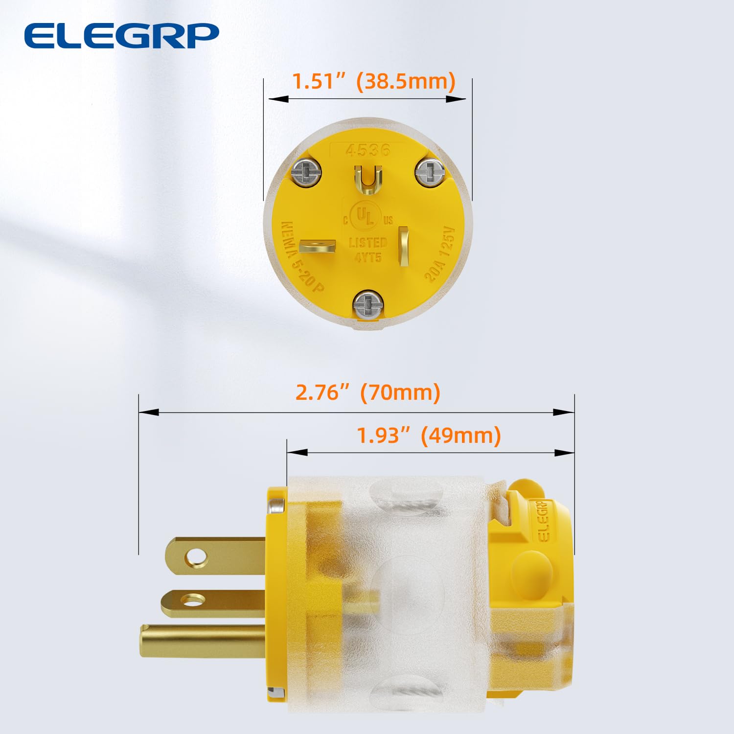 ELEGRP Lighted 20 Amp 125 Volt NEMA 5-20P 2 Pole 3 Wire Grounding Straight Blade Electrical Plug Replacement Cord Outlet Commercial Grade, Yellow, 1 Pack