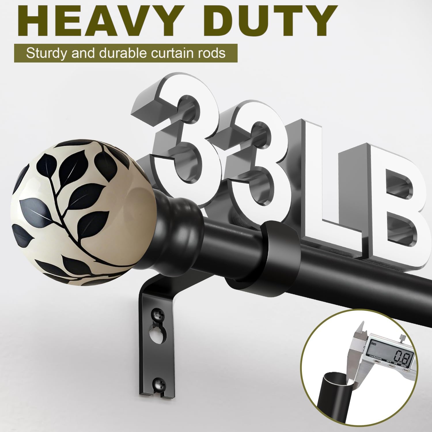 Ceramic Black Curtain Rods Set of 2 for Windows 66 to 120 Inches Adjustable Length Heavy Duty White Window Curtain Rod with Modern Leaf Pattern Decorative Finials for Bedroom Kitchen Living Room