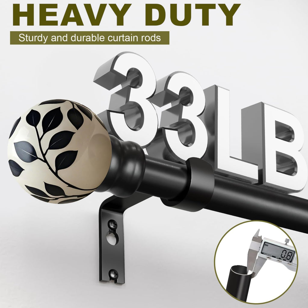 Ceramic Curtain Rods Black for Windows 66 to 120 Inches Adjustable Length Heavy Duty 1" Diameter Window Curtain Rod with Modern Leaf Pattern Decorative Finials for Bedroom Kitchen Living Room