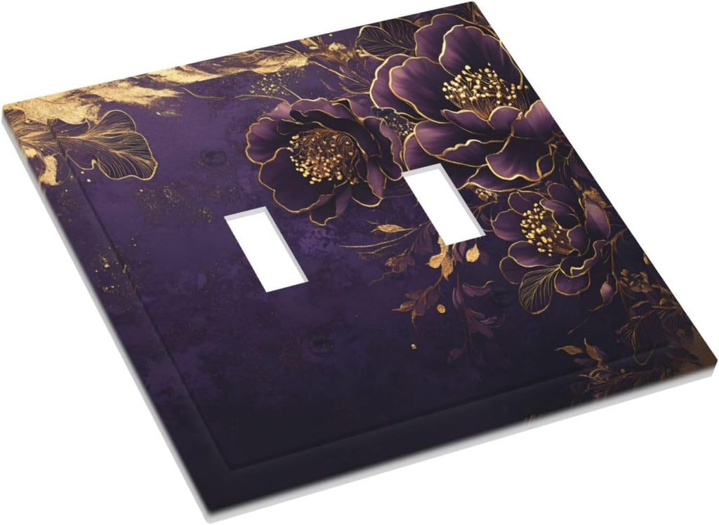 Decorative Light Switch Cover Plate Vintage Purple Peony Gold Leaf Flowers Floral 2 Gang Wall Plate Oversized Double Toggle Two Switch Wall Cover Plate Dual Device Electrical Face Plate