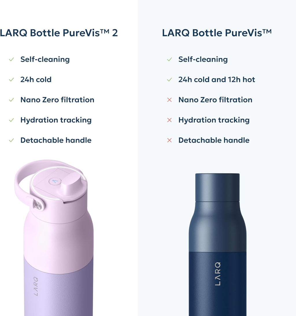 LARQ Bottle PureVis 2 - UV Water Purifier with Self-Cleaning, App Hydration Tracking, Filter Straw, Detachable Handle, Double-Wall Insulated